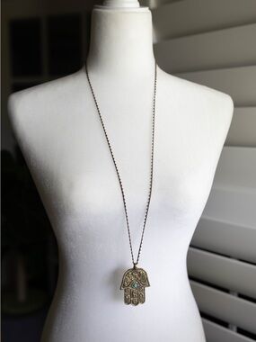 Antique Gold Hamsa‎ Pendant Necklace with Turquoise Accent